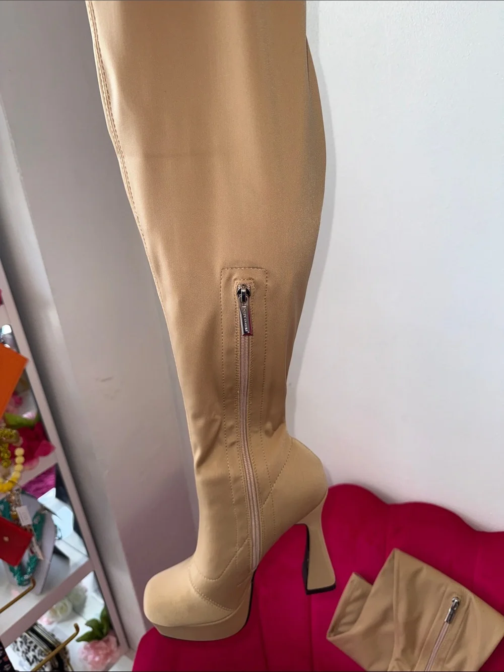 Cape Robbin Beige Over-the-Knee Platform Heel Boots with Side Zip